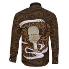 Gold New Zealand Eel Family Matching Off Shoulder Short Dress and Hawaiian Shirt Aotearoa Maori Tuna With Kotiate Weapon