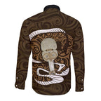 Gold New Zealand Eel Long Sleeve Button Shirt Aotearoa Maori Tuna With Kotiate Weapon