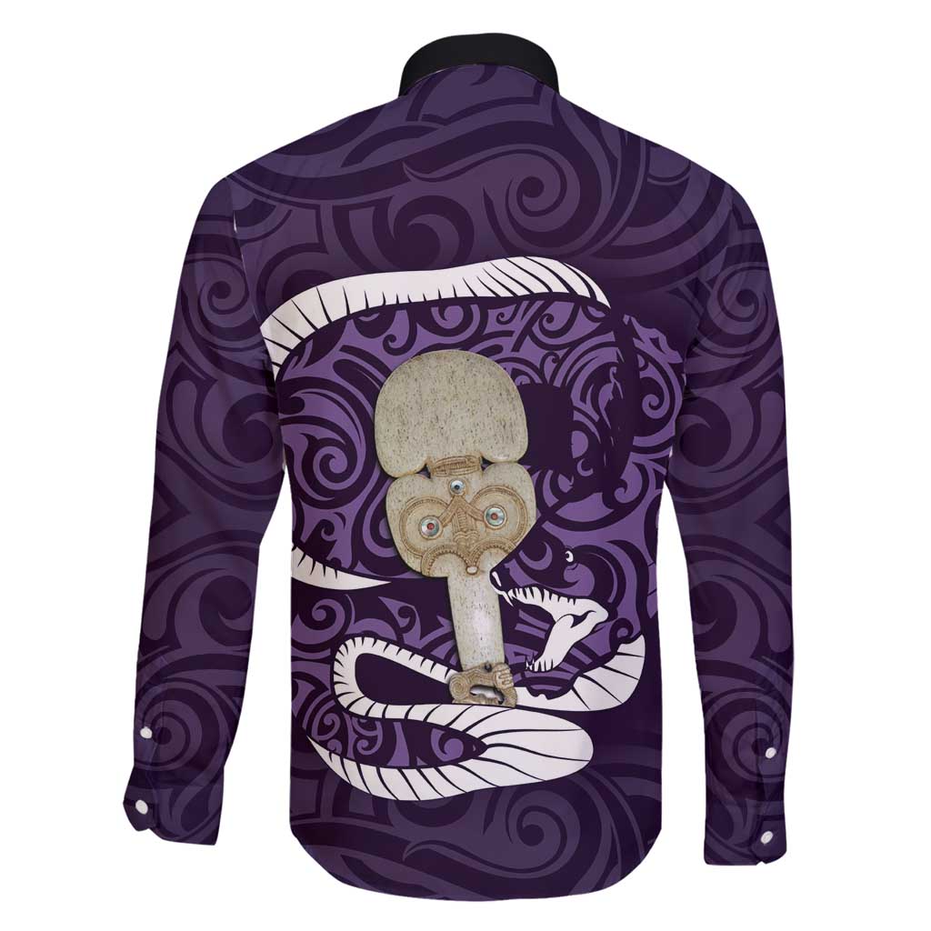 Purple New Zealand Eel Family Matching Long Sleeve Bodycon Dress and Hawaiian Shirt Aotearoa Maori Tuna With Kotiate Weapon