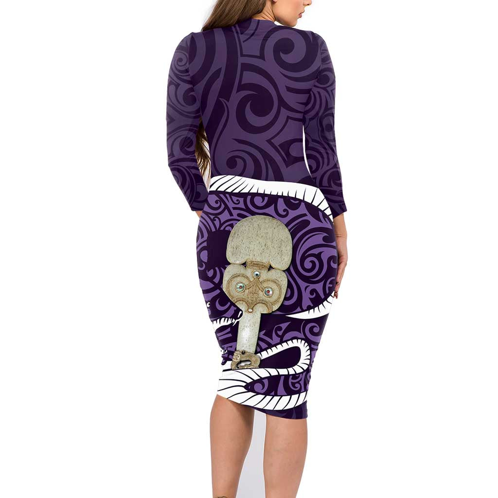 Purple New Zealand Eel Family Matching Long Sleeve Bodycon Dress and Hawaiian Shirt Aotearoa Maori Tuna With Kotiate Weapon