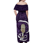 Purple New Zealand Eel Family Matching Off Shoulder Maxi Dress and Hawaiian Shirt Aotearoa Maori Tuna With Kotiate Weapon