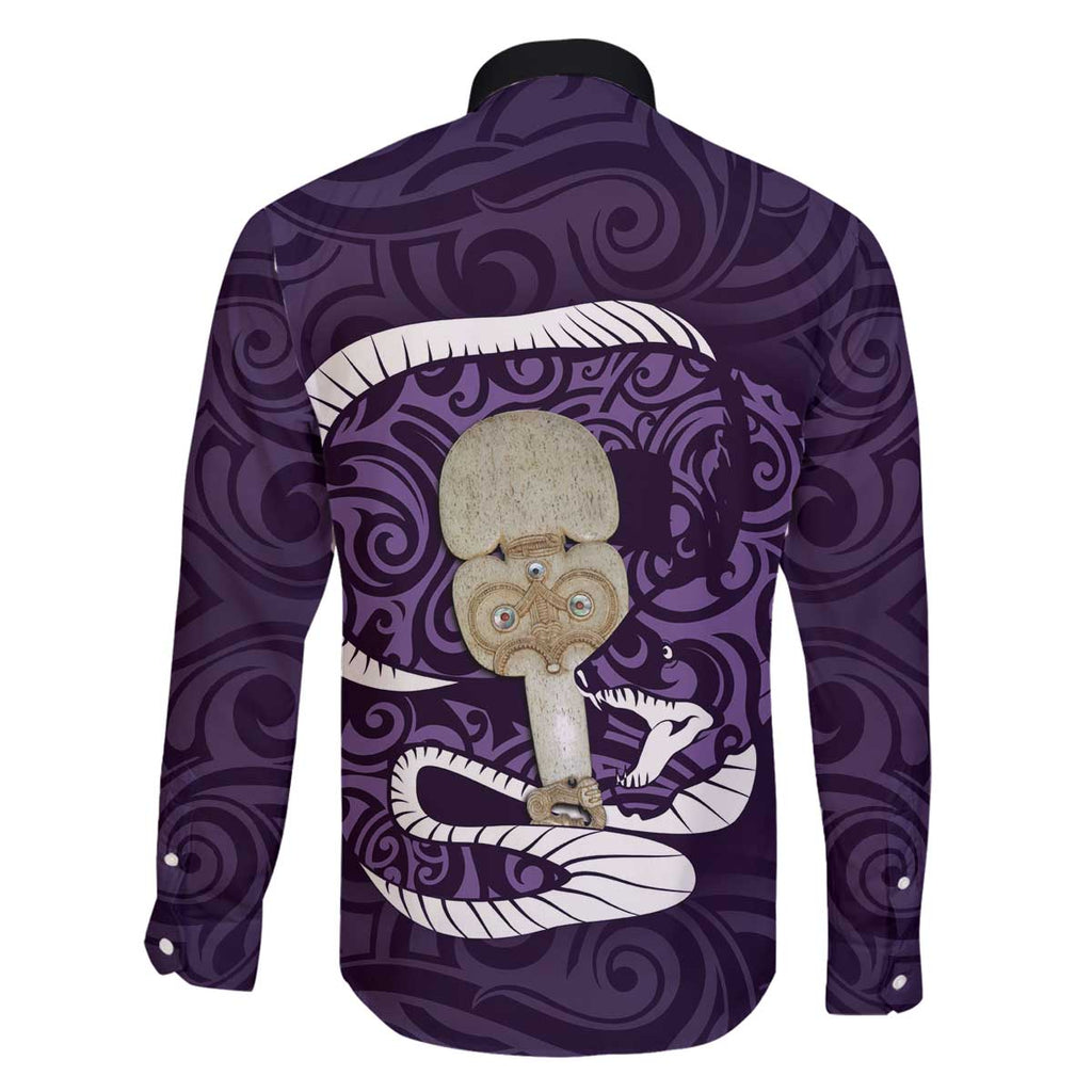 Purple New Zealand Eel Family Matching Off Shoulder Short Dress and Hawaiian Shirt Aotearoa Maori Tuna With Kotiate Weapon