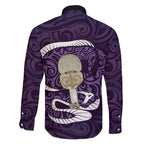 Purple New Zealand Eel Family Matching Short Sleeve Bodycon Dress and Hawaiian Shirt Aotearoa Maori Tuna With Kotiate Weapon
