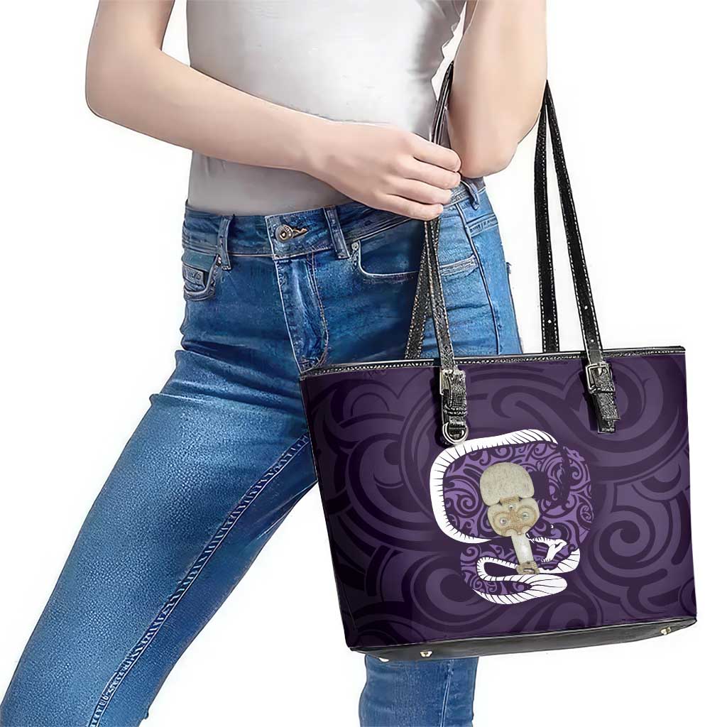 Purple New Zealand Eel Leather Tote Bag Aotearoa Maori Tuna With Kotiate Weapon