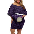 Purple New Zealand Eel Off Shoulder Short Dress Aotearoa Maori Tuna With Kotiate Weapon