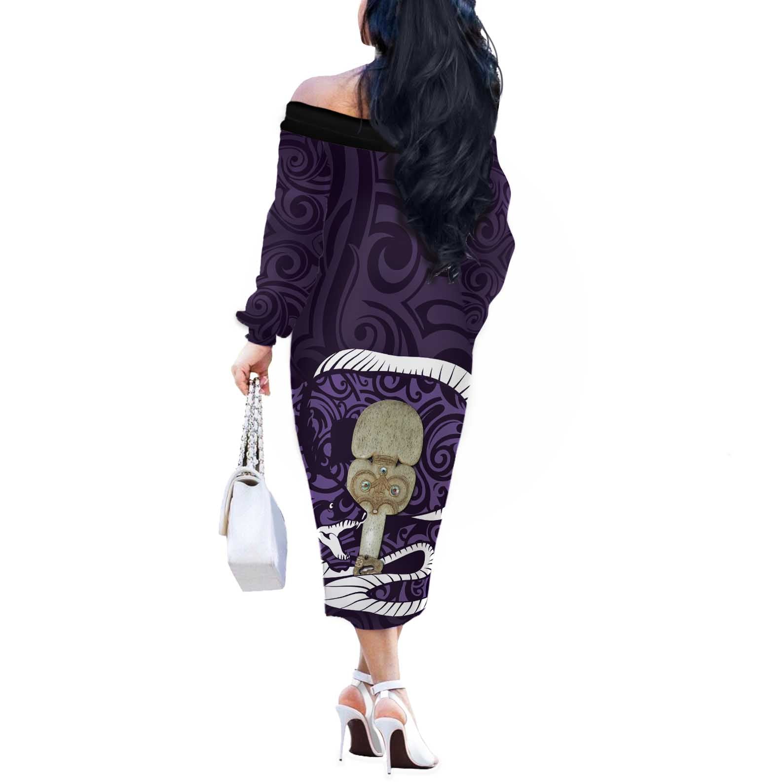 Purple New Zealand Eel Off The Shoulder Long Sleeve Dress Aotearoa Maori Tuna With Kotiate Weapon