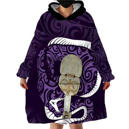 Purple New Zealand Eel Wearable Blanket Hoodie Aotearoa Maori Tuna With Kotiate Weapon