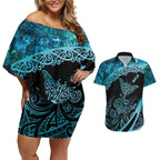 New Zealand Stingray Couples Matching Off Shoulder Short Dress and Hawaiian Shirt Aotearoa Whai With Maori Paua Shell