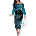 New Zealand Stingray Off The Shoulder Long Sleeve Dress Aotearoa Whai With Maori Paua Shell
