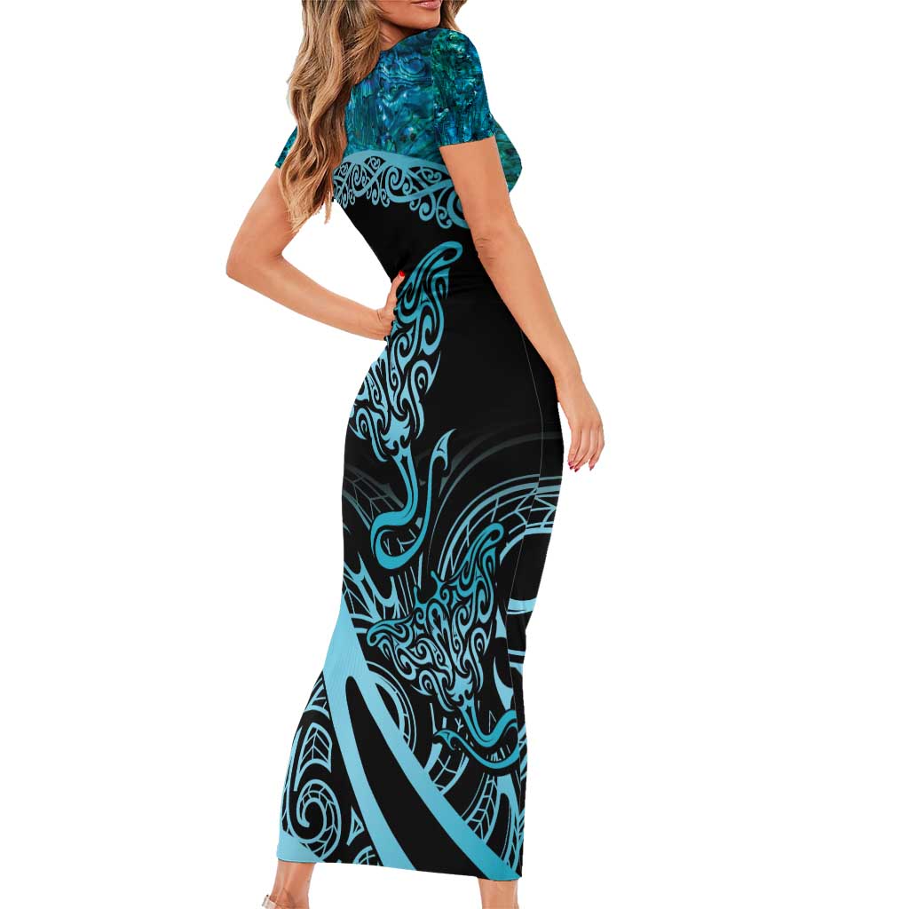 New Zealand Stingray Short Sleeve Bodycon Dress Aotearoa Whai With Maori Paua Shell