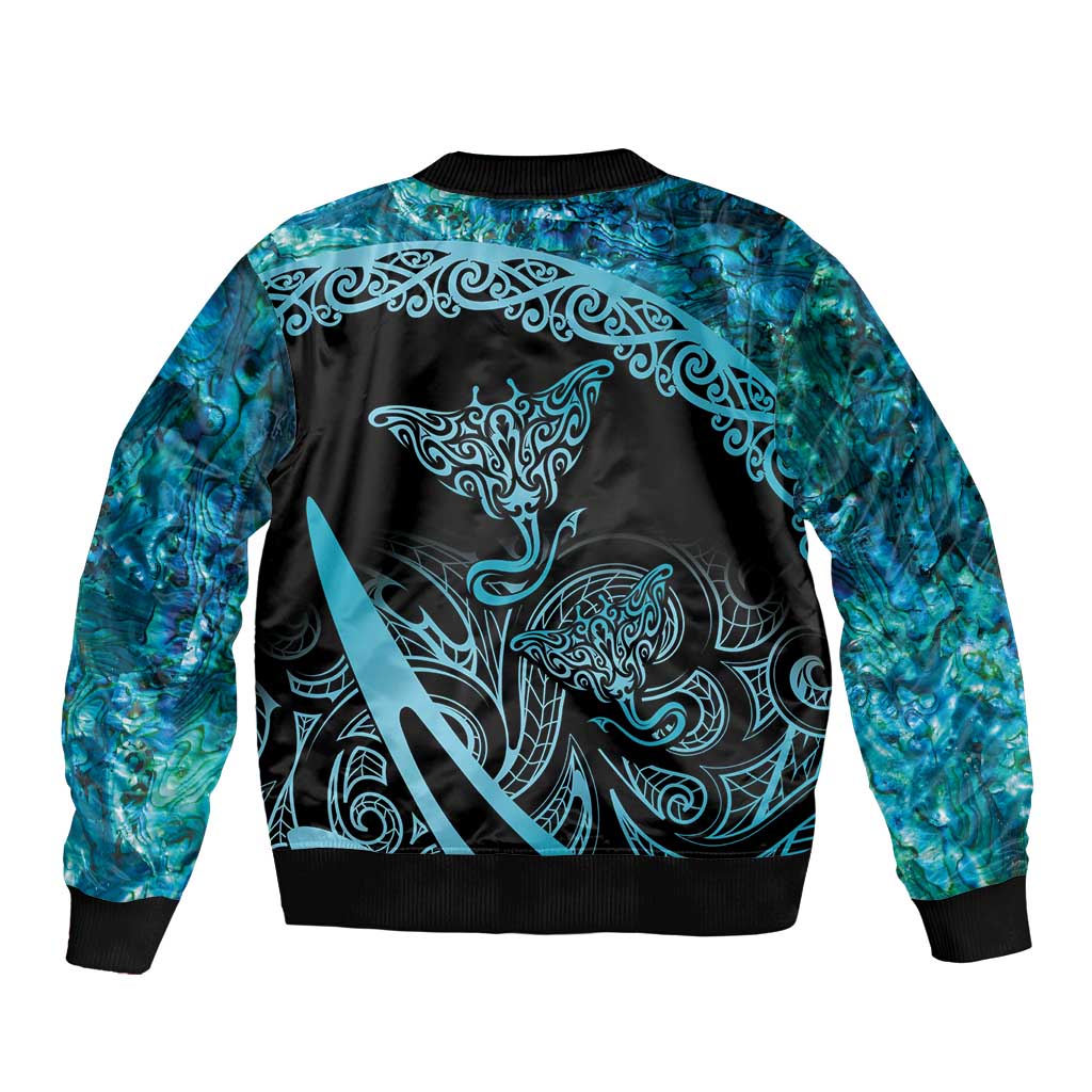 New Zealand Stingray Sleeve Zip Bomber Jacket Aotearoa Whai With Maori Paua Shell