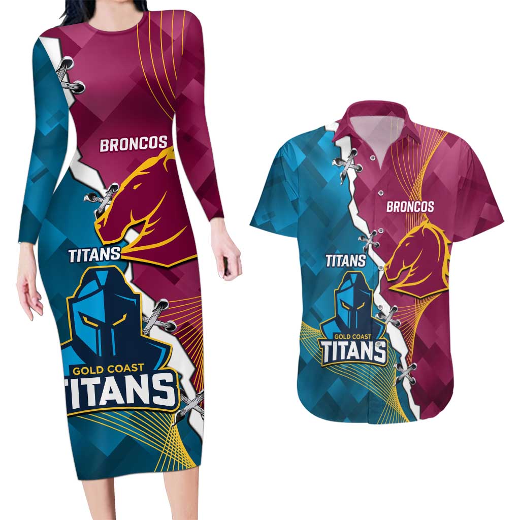 Custom Broncos And Titans Rugby 2024 Couples Matching Long Sleeve Bodycon Dress and Hawaiian Shirt Dynamic Style