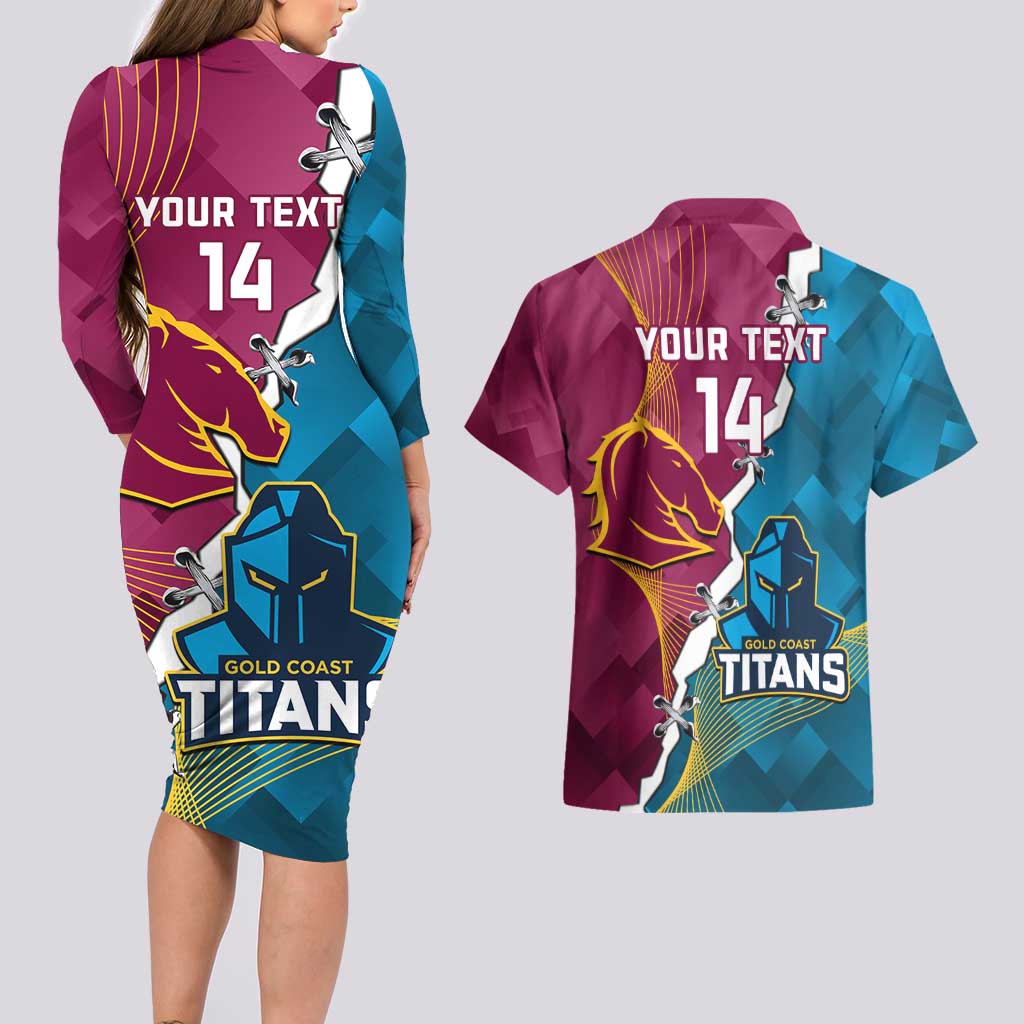 Custom Broncos And Titans Rugby 2024 Couples Matching Long Sleeve Bodycon Dress and Hawaiian Shirt Dynamic Style
