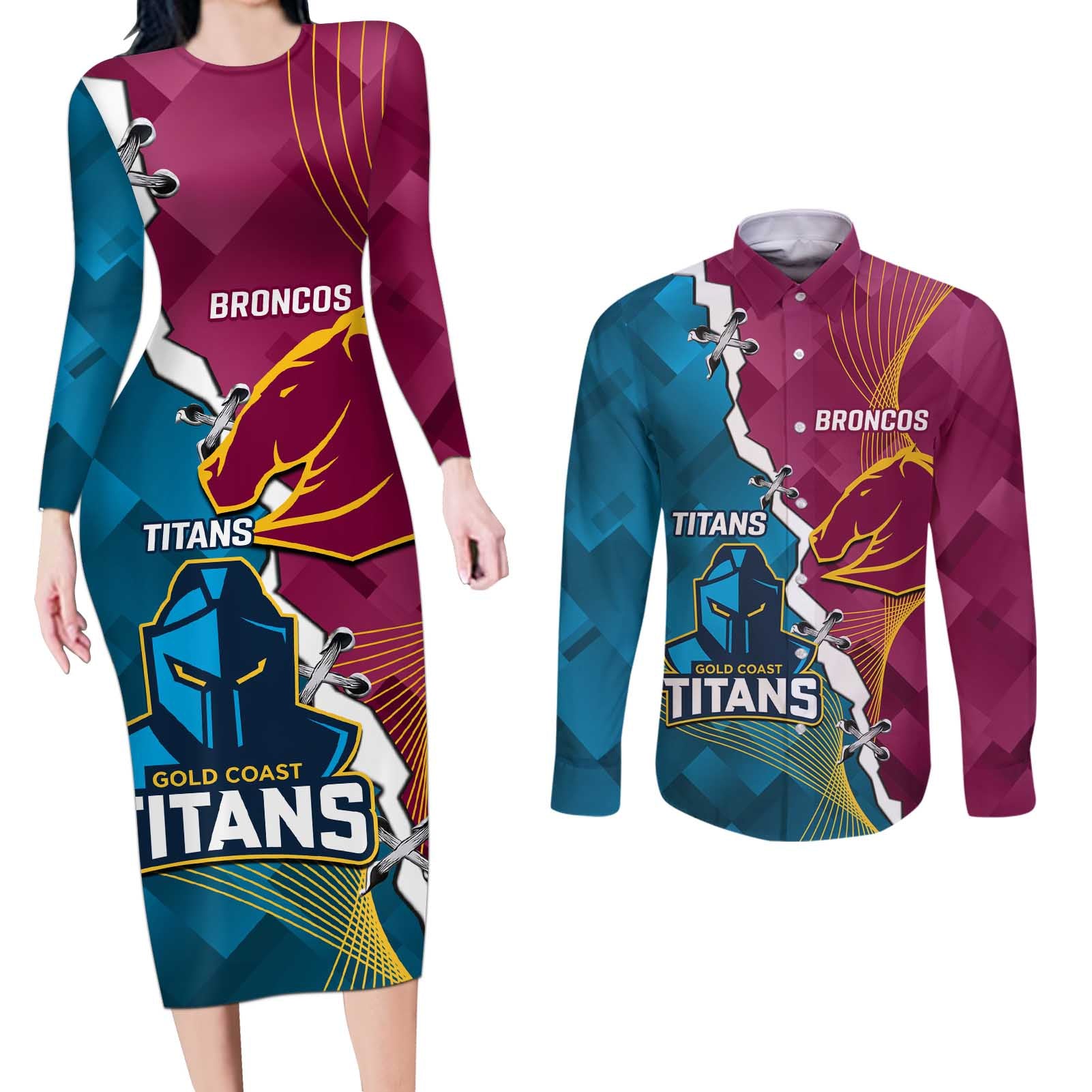 Custom Broncos And Titans Rugby 2024 Couples Matching Long Sleeve Bodycon Dress and Long Sleeve Button Shirt Dynamic Style