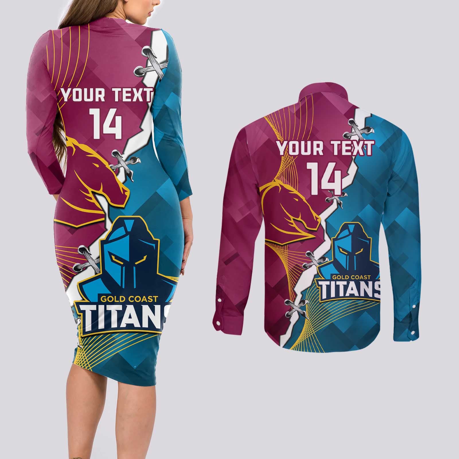 Custom Broncos And Titans Rugby 2024 Couples Matching Long Sleeve Bodycon Dress and Long Sleeve Button Shirt Dynamic Style
