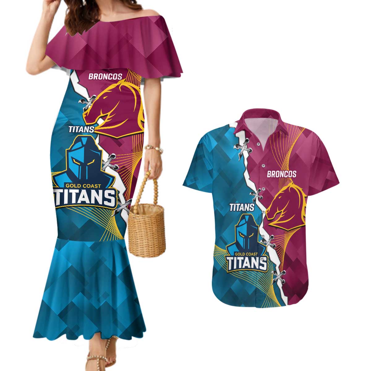 Custom Broncos And Titans Rugby 2024 Couples Matching Mermaid Dress and Hawaiian Shirt Dynamic Style