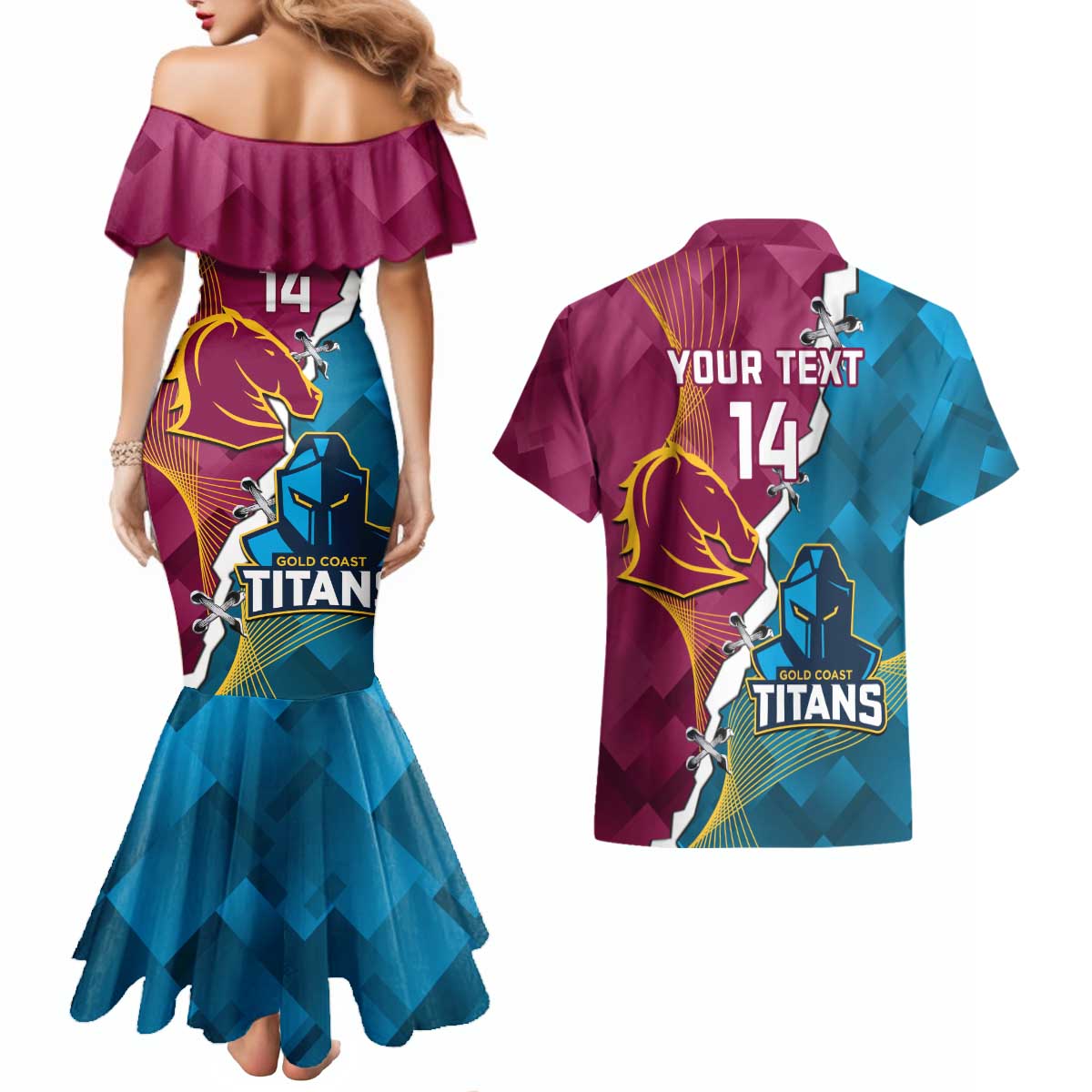 Custom Broncos And Titans Rugby 2024 Couples Matching Mermaid Dress and Hawaiian Shirt Dynamic Style