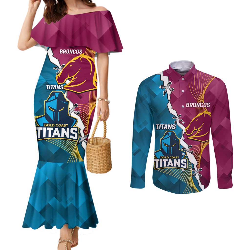 Custom Broncos And Titans Rugby 2024 Couples Matching Mermaid Dress and Long Sleeve Button Shirt Dynamic Style
