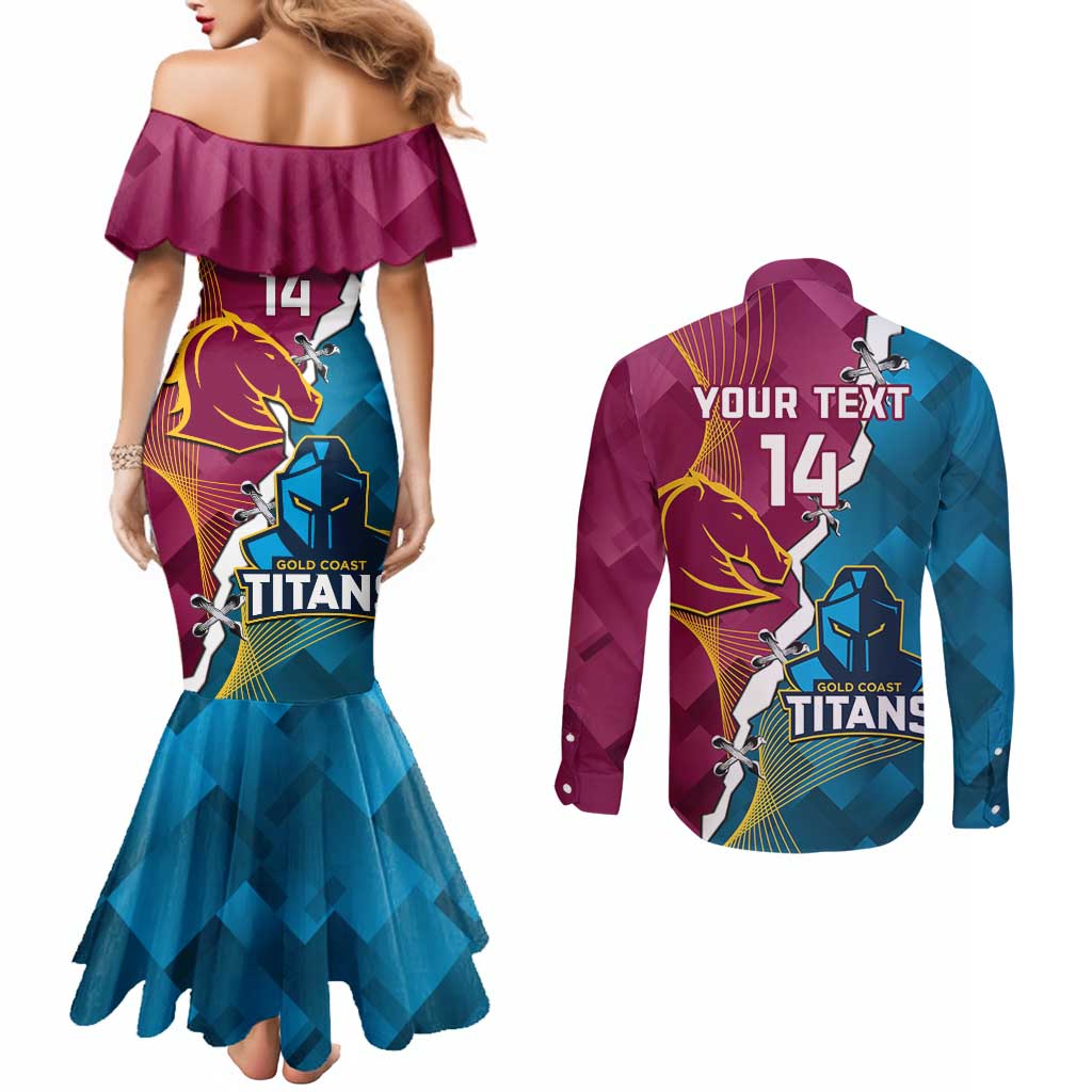 Custom Broncos And Titans Rugby 2024 Couples Matching Mermaid Dress and Long Sleeve Button Shirt Dynamic Style