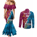 Custom Broncos And Titans Rugby 2024 Couples Matching Mermaid Dress and Long Sleeve Button Shirt Dynamic Style