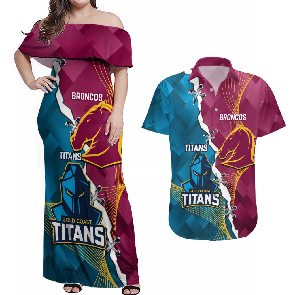 Custom Broncos And Titans Rugby 2024 Couples Matching Off Shoulder Maxi Dress and Hawaiian Shirt Dynamic Style