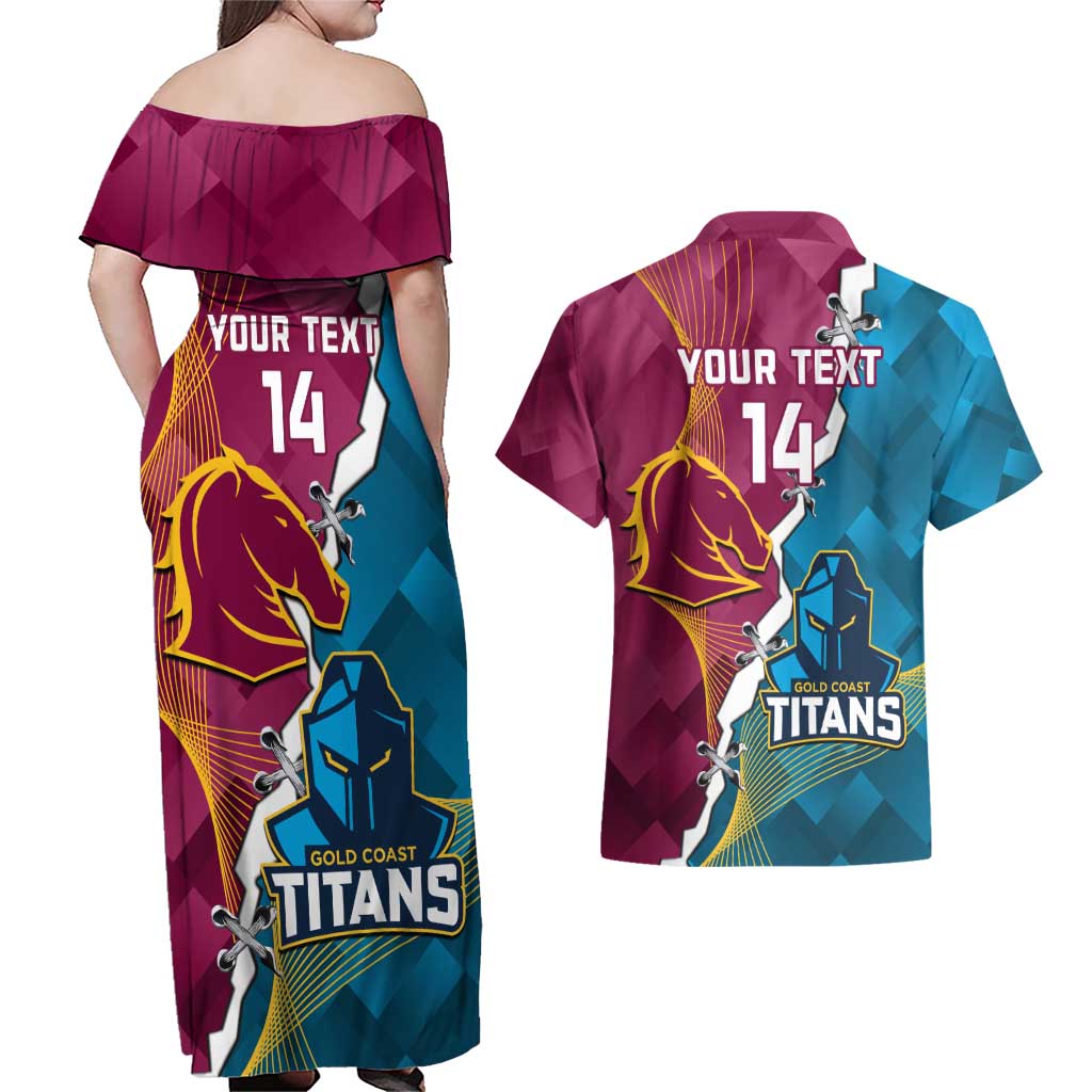 Custom Broncos And Titans Rugby 2024 Couples Matching Off Shoulder Maxi Dress and Hawaiian Shirt Dynamic Style
