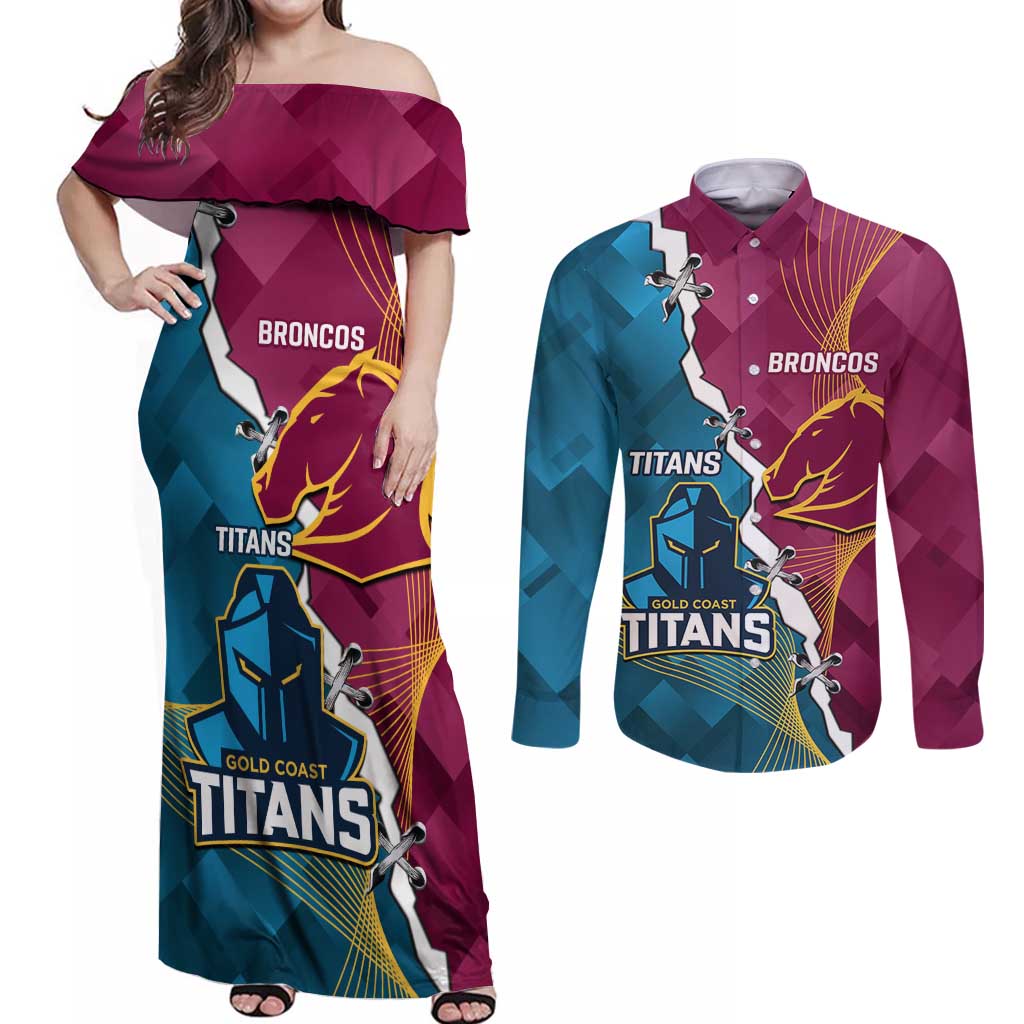 Custom Broncos And Titans Rugby 2024 Couples Matching Off Shoulder Maxi Dress and Long Sleeve Button Shirt Dynamic Style
