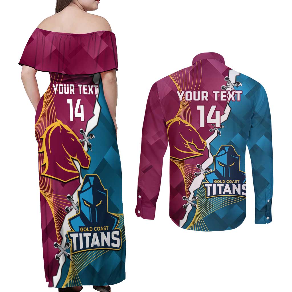 Custom Broncos And Titans Rugby 2024 Couples Matching Off Shoulder Maxi Dress and Long Sleeve Button Shirt Dynamic Style