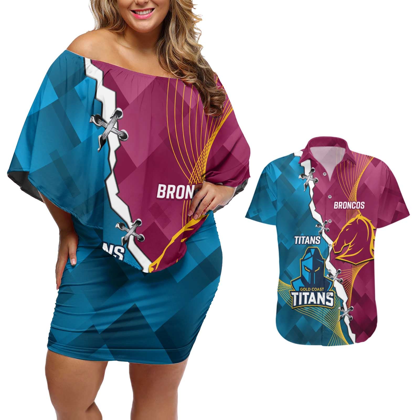 Custom Broncos And Titans Rugby 2024 Couples Matching Off Shoulder Short Dress and Hawaiian Shirt Dynamic Style