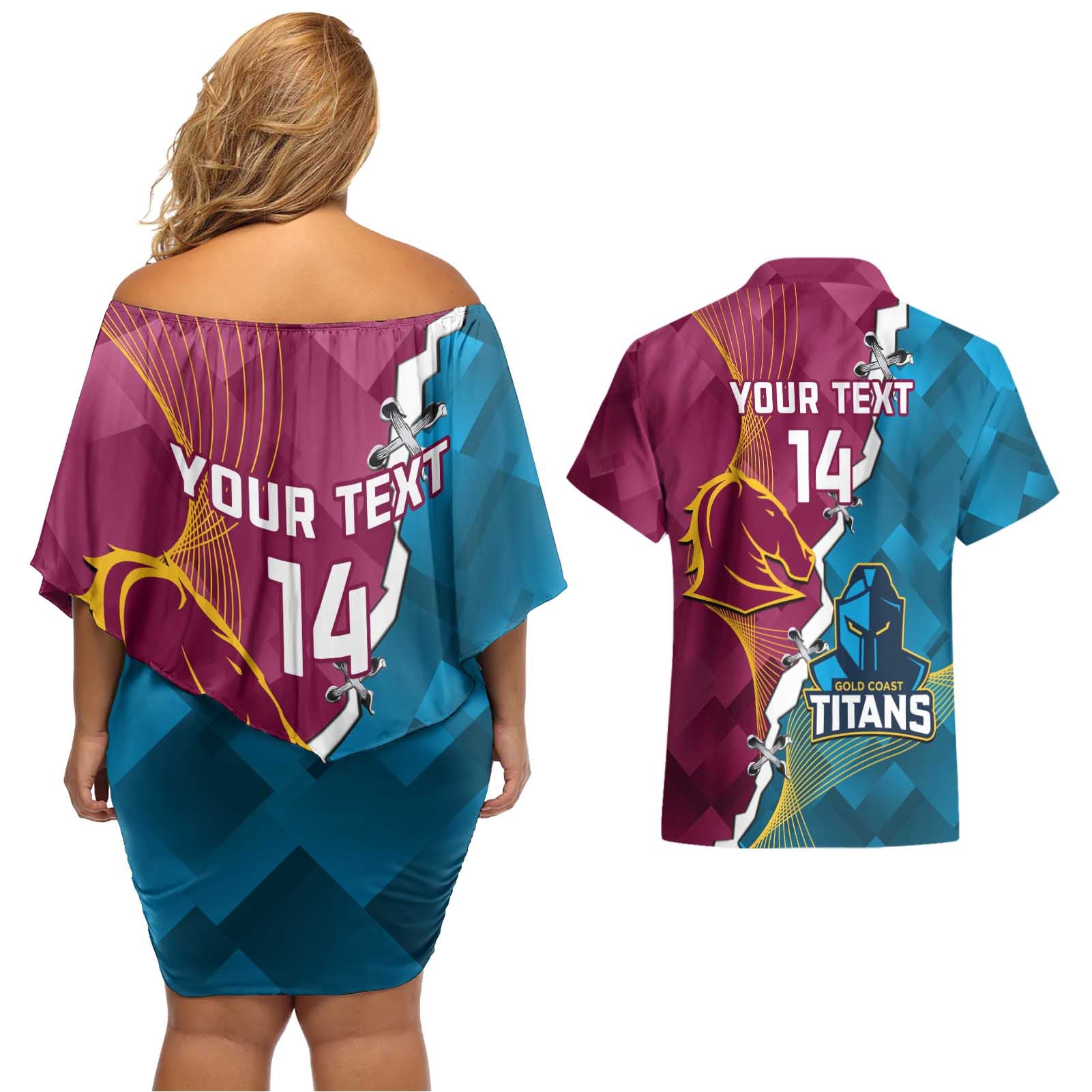 Custom Broncos And Titans Rugby 2024 Couples Matching Off Shoulder Short Dress and Hawaiian Shirt Dynamic Style