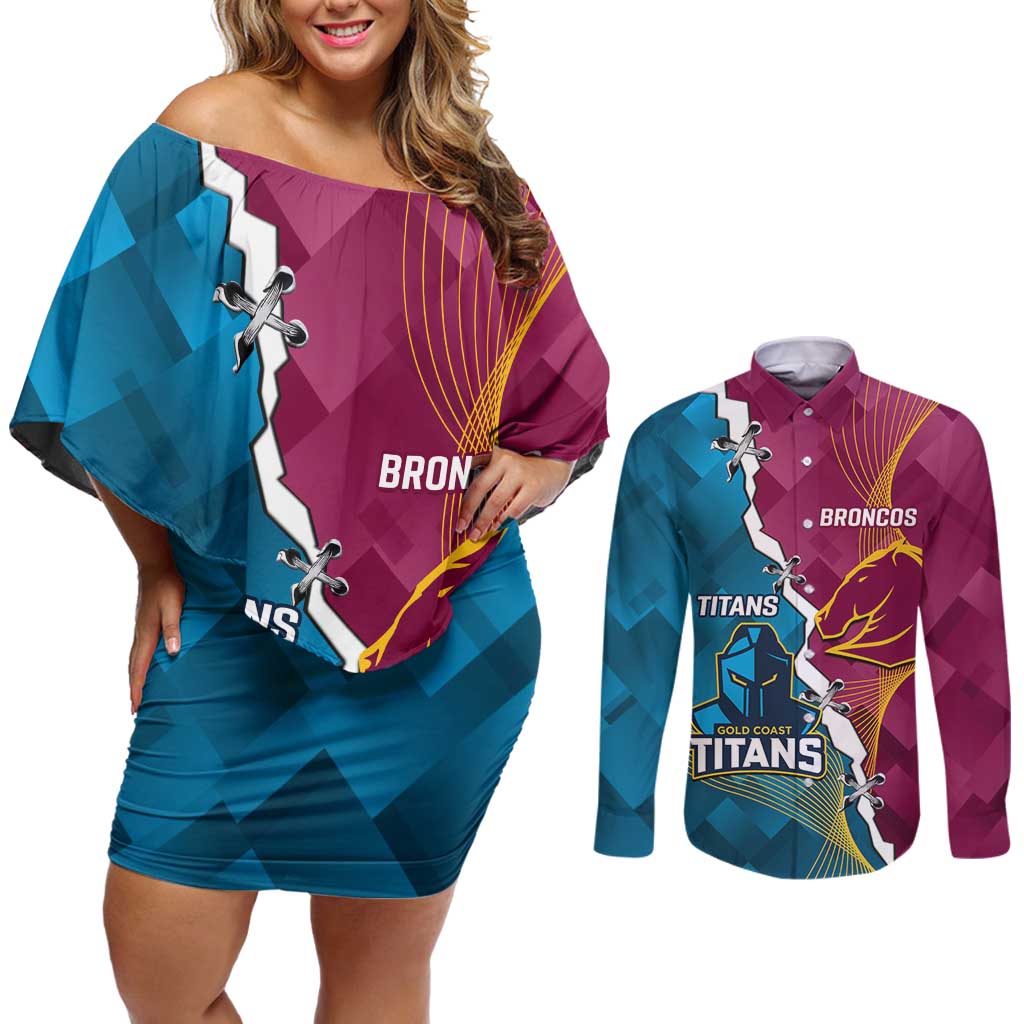 Custom Broncos And Titans Rugby 2024 Couples Matching Off Shoulder Short Dress and Long Sleeve Button Shirt Dynamic Style