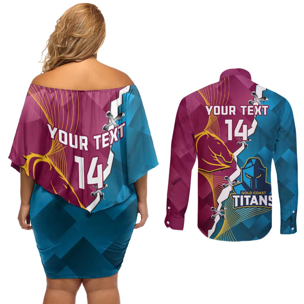Custom Broncos And Titans Rugby 2024 Couples Matching Off Shoulder Short Dress and Long Sleeve Button Shirt Dynamic Style