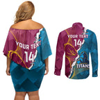 Custom Broncos And Titans Rugby 2024 Couples Matching Off Shoulder Short Dress and Long Sleeve Button Shirt Dynamic Style