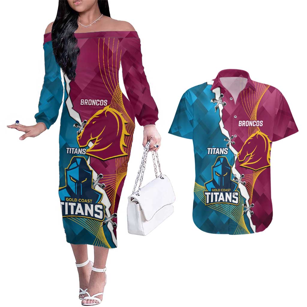 Custom Broncos And Titans Rugby 2024 Couples Matching Off The Shoulder Long Sleeve Dress and Hawaiian Shirt Dynamic Style