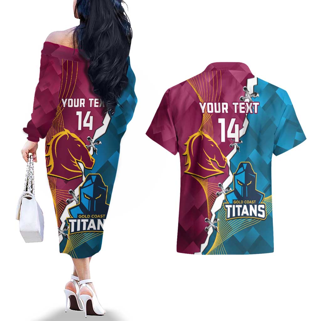 Custom Broncos And Titans Rugby 2024 Couples Matching Off The Shoulder Long Sleeve Dress and Hawaiian Shirt Dynamic Style