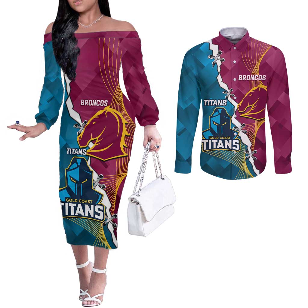 Custom Broncos And Titans Rugby 2024 Couples Matching Off The Shoulder Long Sleeve Dress and Long Sleeve Button Shirt Dynamic Style