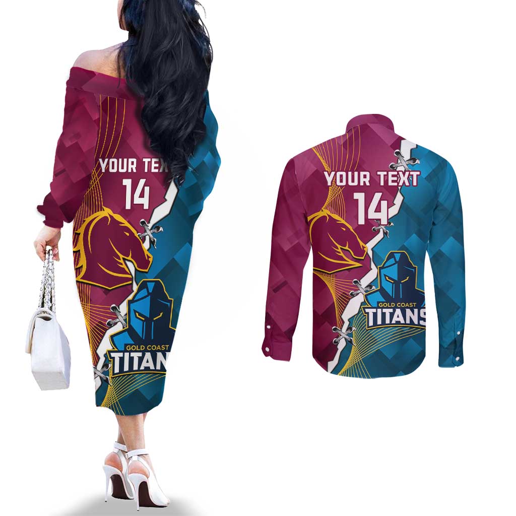 Custom Broncos And Titans Rugby 2024 Couples Matching Off The Shoulder Long Sleeve Dress and Long Sleeve Button Shirt Dynamic Style