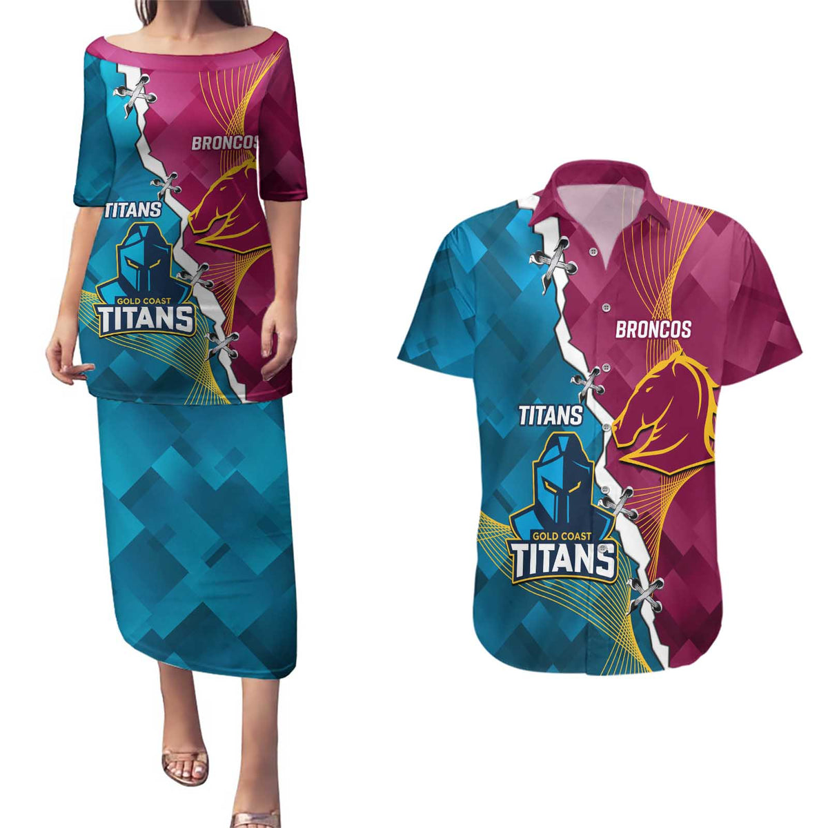 Custom Broncos And Titans Rugby 2024 Couples Matching Puletasi and Hawaiian Shirt Dynamic Style