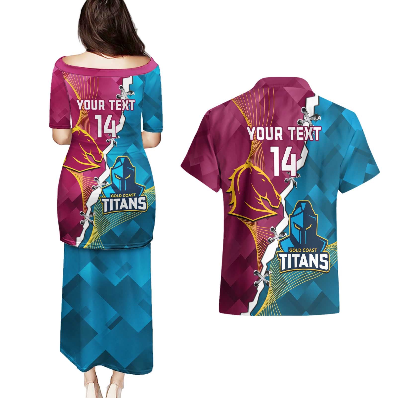 Custom Broncos And Titans Rugby 2024 Couples Matching Puletasi and Hawaiian Shirt Dynamic Style