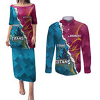 Custom Broncos And Titans Rugby 2024 Couples Matching Puletasi and Long Sleeve Button Shirt Dynamic Style