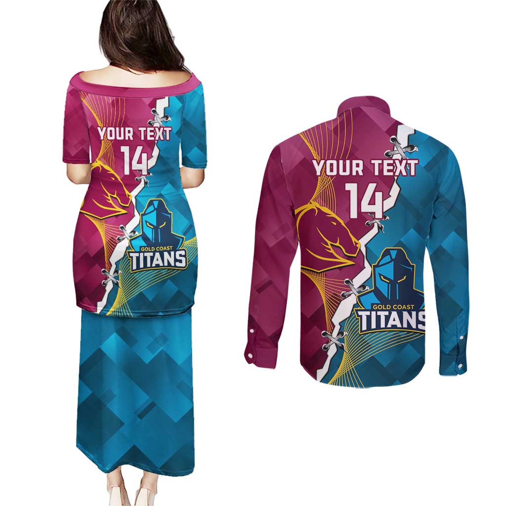 Custom Broncos And Titans Rugby 2024 Couples Matching Puletasi and Long Sleeve Button Shirt Dynamic Style