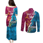 Custom Broncos And Titans Rugby 2024 Couples Matching Puletasi and Long Sleeve Button Shirt Dynamic Style
