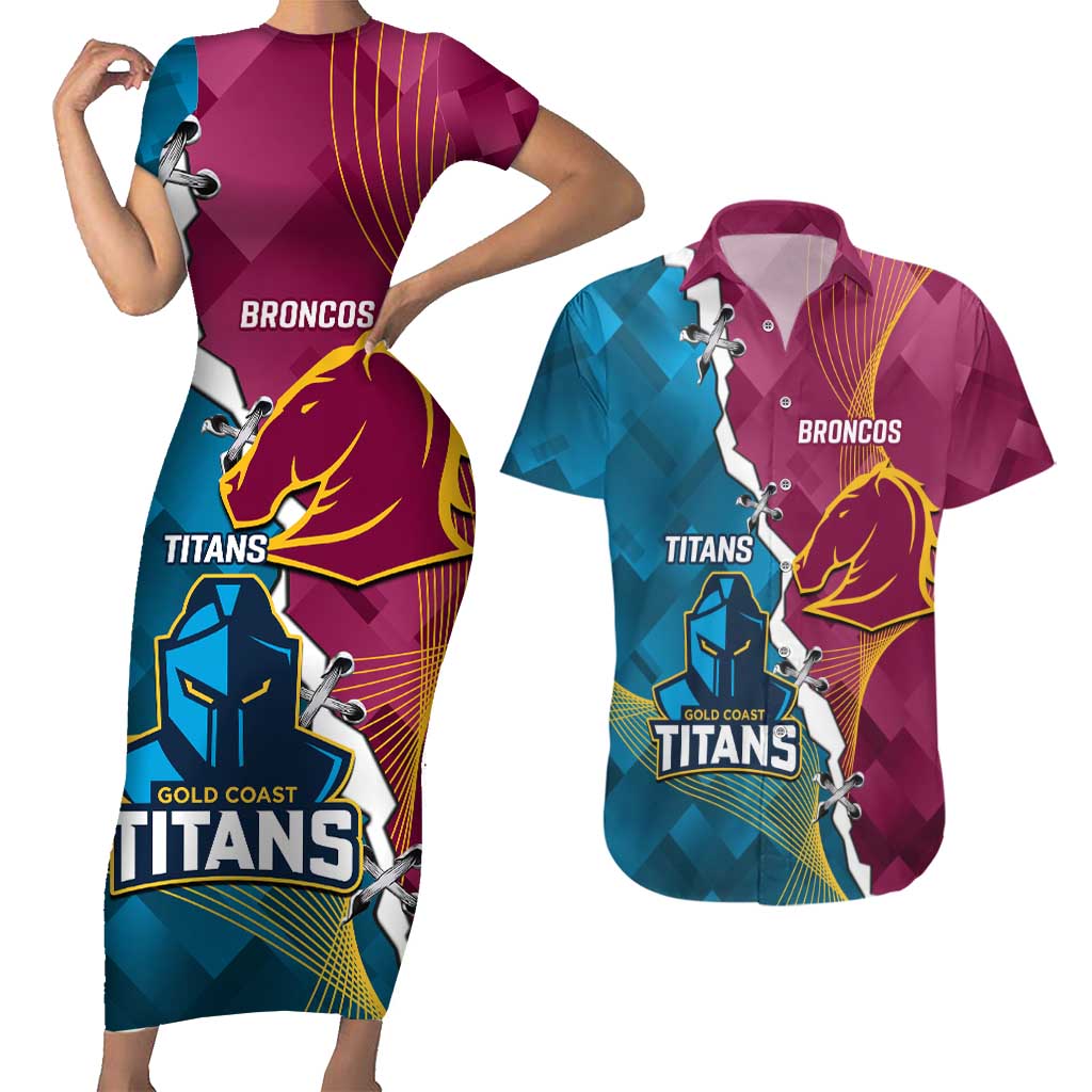 Custom Broncos And Titans Rugby 2024 Couples Matching Short Sleeve Bodycon Dress and Hawaiian Shirt Dynamic Style