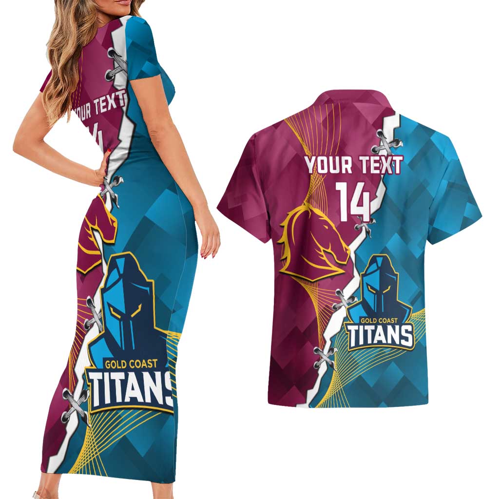 Custom Broncos And Titans Rugby 2024 Couples Matching Short Sleeve Bodycon Dress and Hawaiian Shirt Dynamic Style