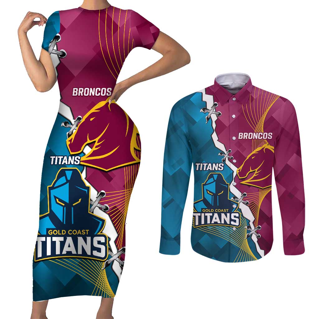 Custom Broncos And Titans Rugby 2024 Couples Matching Short Sleeve Bodycon Dress and Long Sleeve Button Shirt Dynamic Style