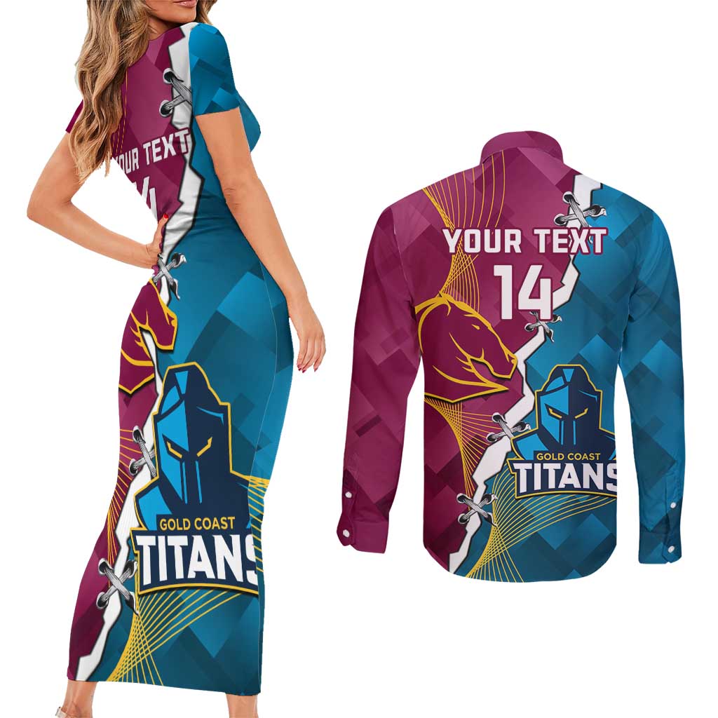 Custom Broncos And Titans Rugby 2024 Couples Matching Short Sleeve Bodycon Dress and Long Sleeve Button Shirt Dynamic Style