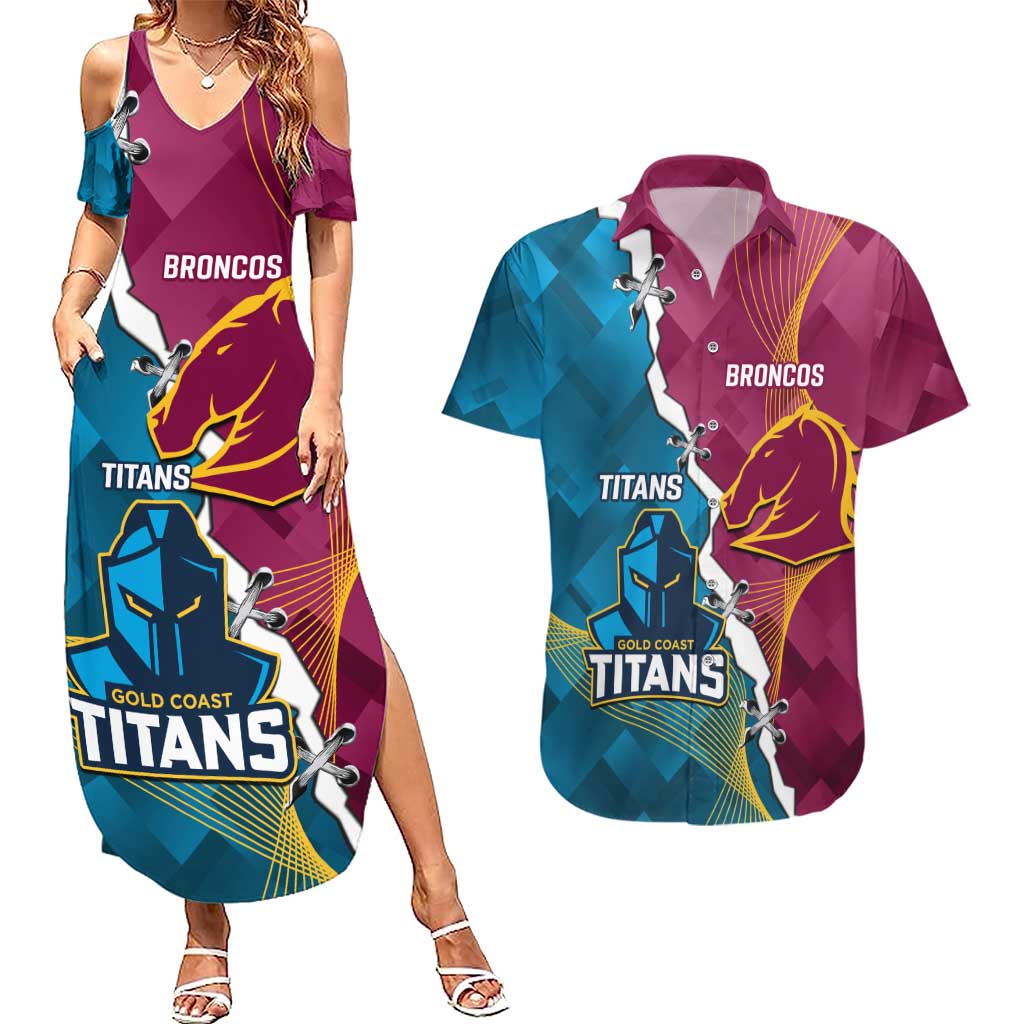 Custom Broncos And Titans Rugby 2024 Couples Matching Summer Maxi Dress and Hawaiian Shirt Dynamic Style
