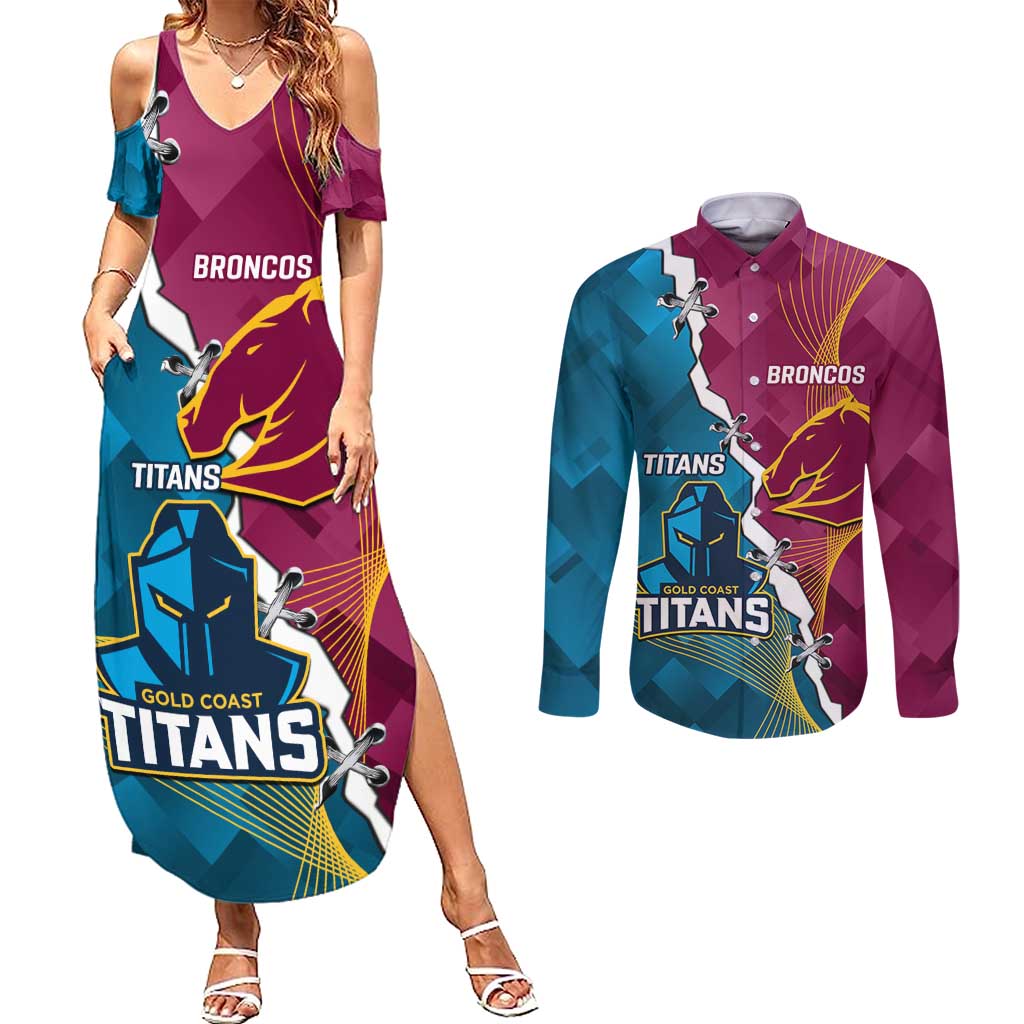 Custom Broncos And Titans Rugby 2024 Couples Matching Summer Maxi Dress and Long Sleeve Button Shirt Dynamic Style