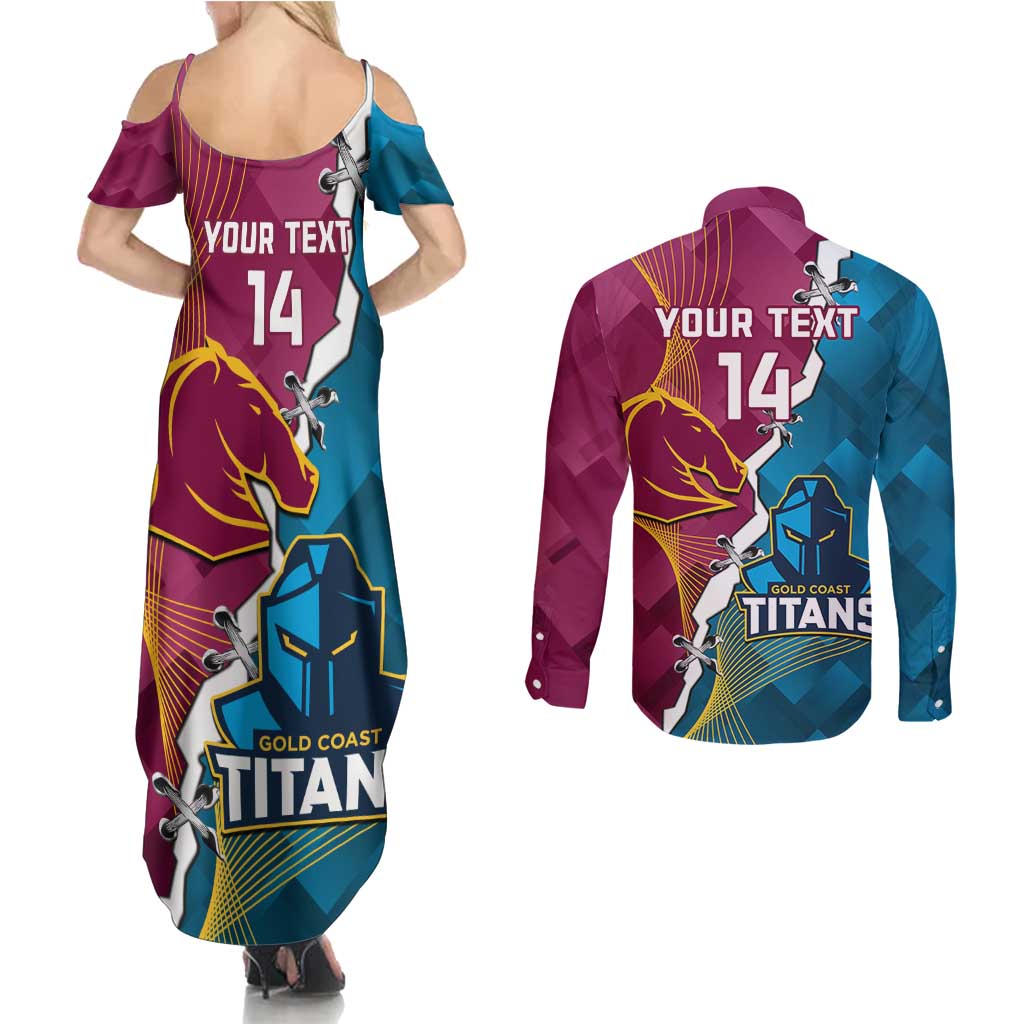 Custom Broncos And Titans Rugby 2024 Couples Matching Summer Maxi Dress and Long Sleeve Button Shirt Dynamic Style