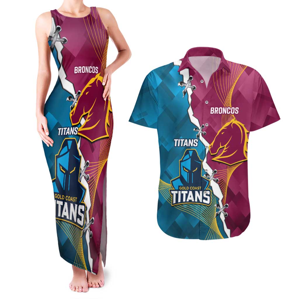 Custom Broncos And Titans Rugby 2024 Couples Matching Tank Maxi Dress and Hawaiian Shirt Dynamic Style